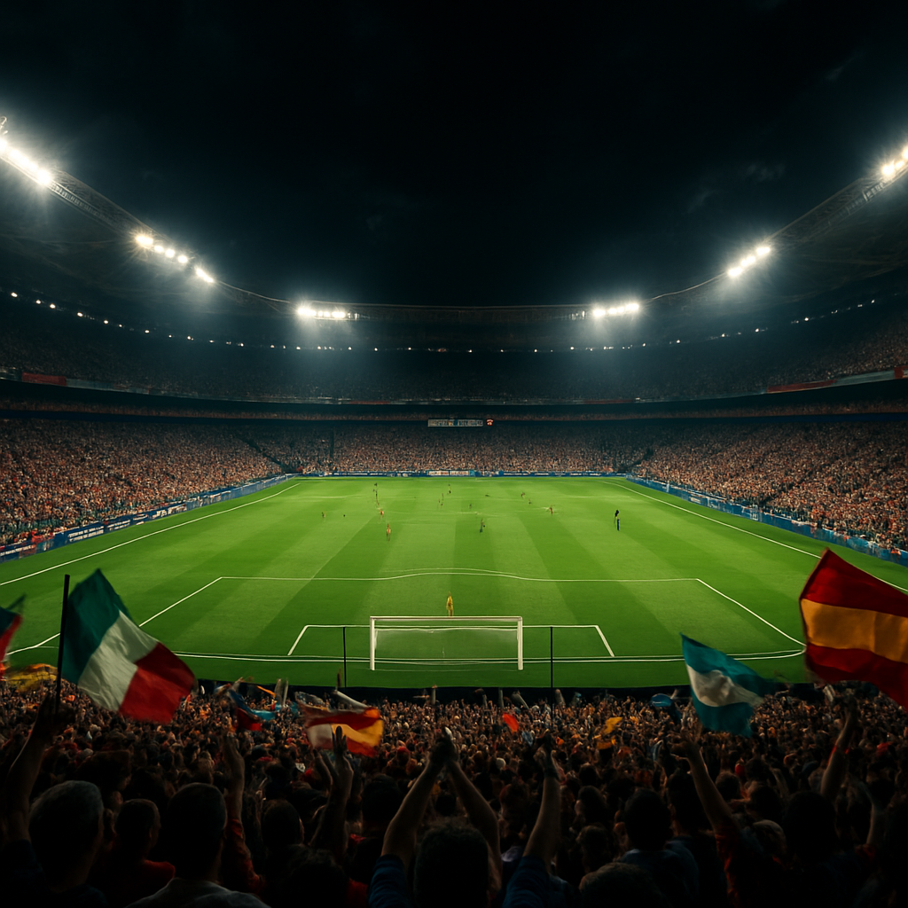 A packed football stadium glowing under floodlights during a World Cup match